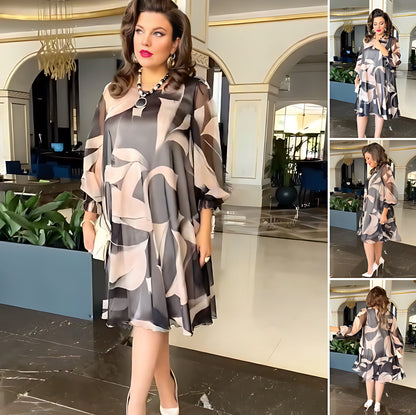 💓Kerek nyakú, hosszú ujjú, nyomtatott, lebegő ruha