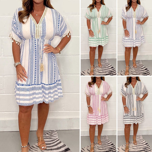 💗Fringed nyomtatott V-nyakú ruha