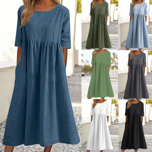 👗Különböző színekben kapható🔥Pamut kerek nyakú ruha