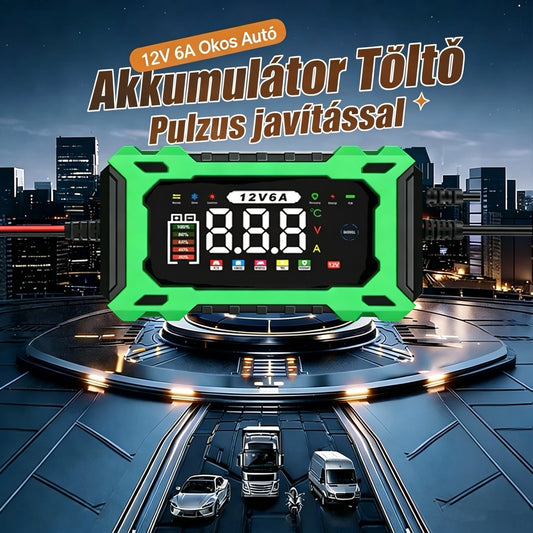 ⚡ 12 V-os, 6 A-es intelligens autóakkumulátor-töltő – Pulse Repair technológia, automatikus karbantartás és kénmentesítés