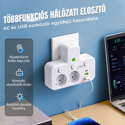 ⚡Okos tápkábeles kiegészítő USB-portokkal (EU dugó)