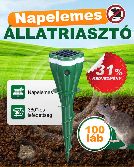 🌞 Napenergiával működő ultrahangos riasztó – Spirál dizájn, vízálló / Elűzi az egereket, madarakat, kígyókat stb.