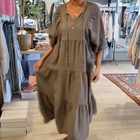 👗Női pamut V-nyakú egyszínű egyszínű fél ujjú hosszú ruha