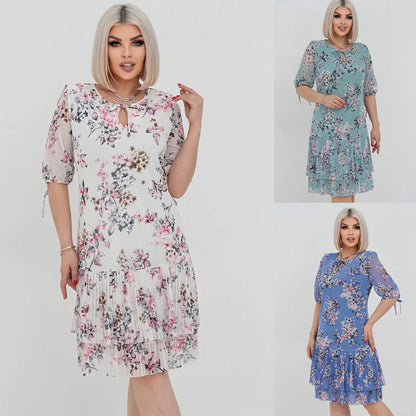👗Elegáns sifon hosszú pliszírozott ruha rövid ujjakkal