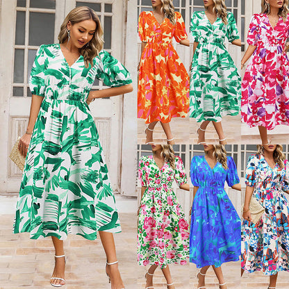 💐Női V-nyakú nyomtatott alkalmi ruha