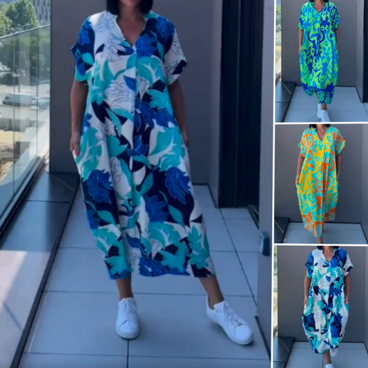 🌿[S-3XL]🌿 Női temperamentum V-nyakú nyomtatott laza ruhák