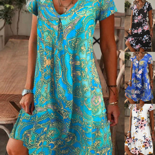 【M-3XL】🌺Női elegáns virágos nyomtatás V-nyakú hosszú ruha