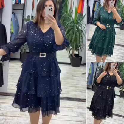 🥳 V-nyakú pöttyös térdig érő ruha