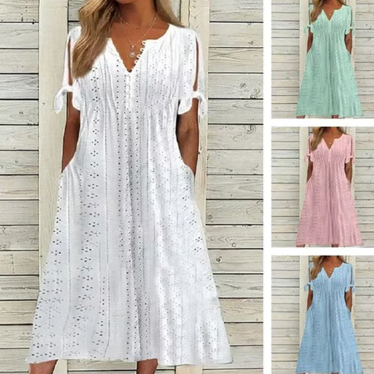 🌼Női elegáns V-nyakú üreges egyszínű ruha ❤️