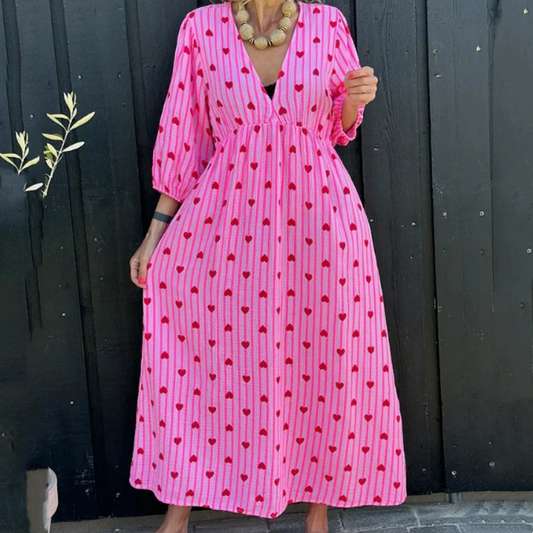 👗2025 Új Szív nyomtatott V-nyakú csíkos rövid ujjú ruha