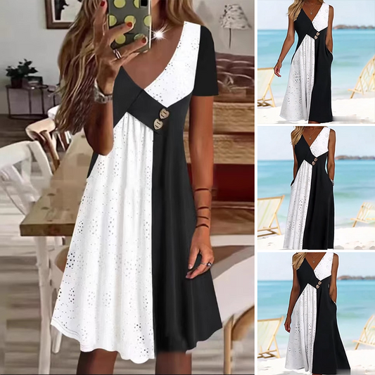 💖Női elegáns patchwork V-nyakú ruha