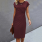 Women’s Solid Short Sleeve Shirred Waist Midi Dress
