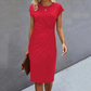 Women’s Solid Short Sleeve Shirred Waist Midi Dress