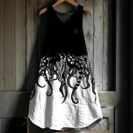 Kerek nyakú, nyomtatott mintás, ujjatlan ruha