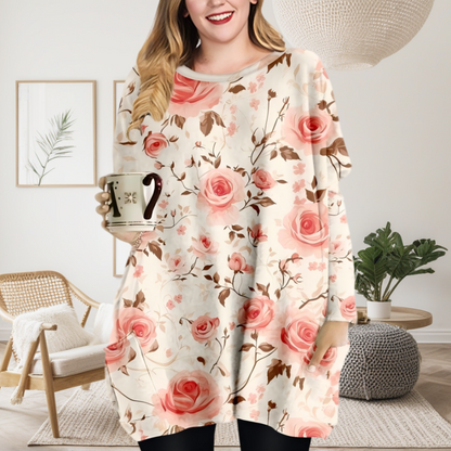 Romantikus rózsaszín rózsás nyomtatott, kerek nyakú, hosszú ujjú felső zsebekkel