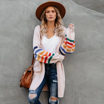 Sokoldalú, színes csíkos ujjas pulóverkabát
