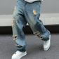 👖【XL-6XL】Férfi szakadt, egyenes szárú oversize farmer