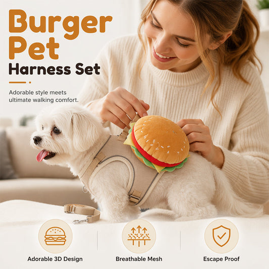 Aranyos hamburgeres kutyahám és póráz szett mini hátizsákkal