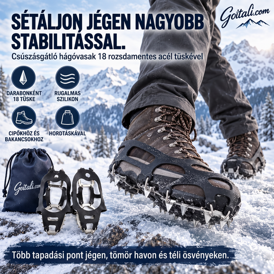 ❄️🥾 Csúszásgátló Bakancsvédő 18 rozsdamentes acél tüskével – jégre és hóra, M/L